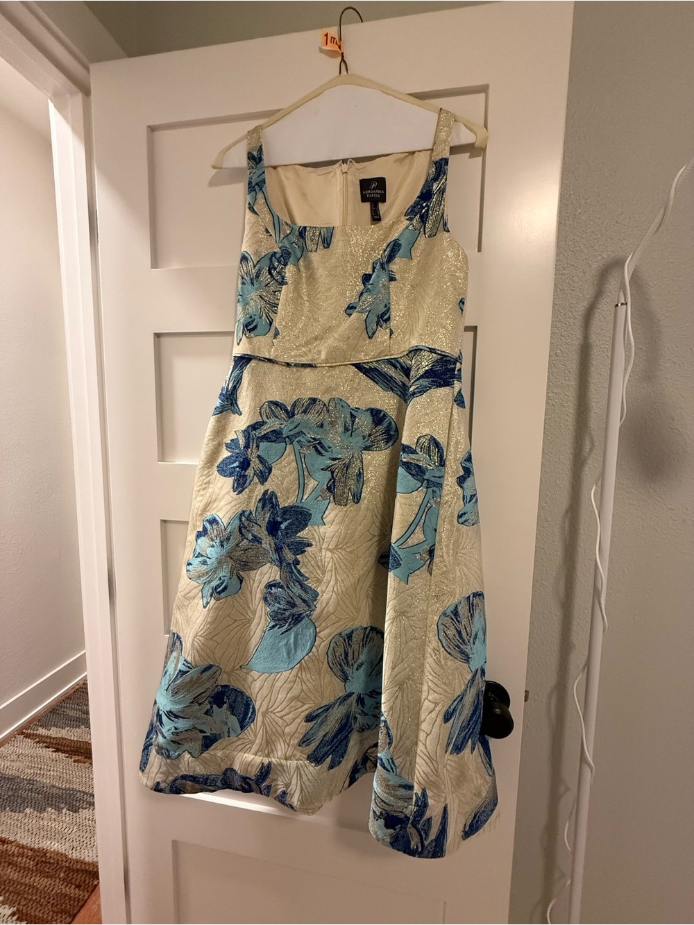 Adrianna Papell Ivory Dress with Blue Floral Jacquard